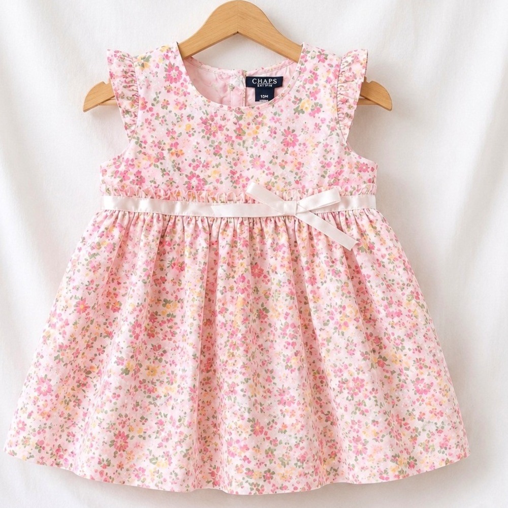 Chaps Baby Girls Floral Dress 12M Pink Yellow Ruffle Bow Easter Spring Cottage‎